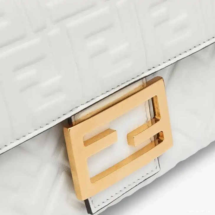 Affordable Fendi Bag White In Midi Baguette Nappa FF Leather Motif Chain 0525